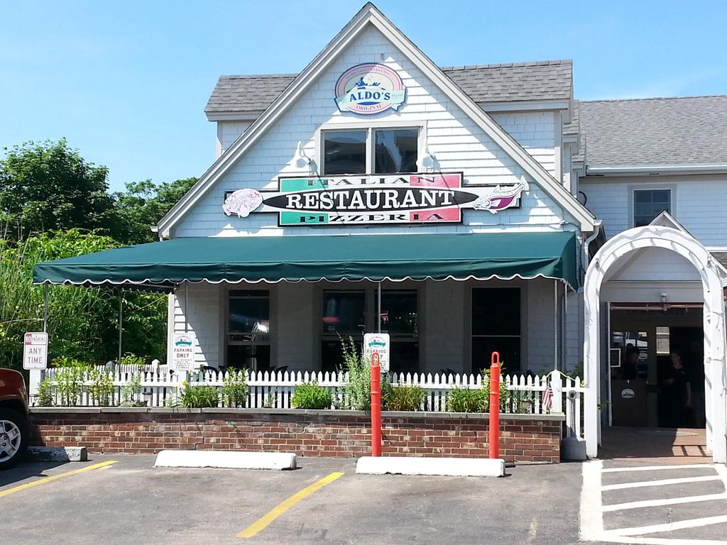 striped awnings outside of commercial building