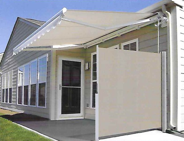 striped awnings outside of commercial building