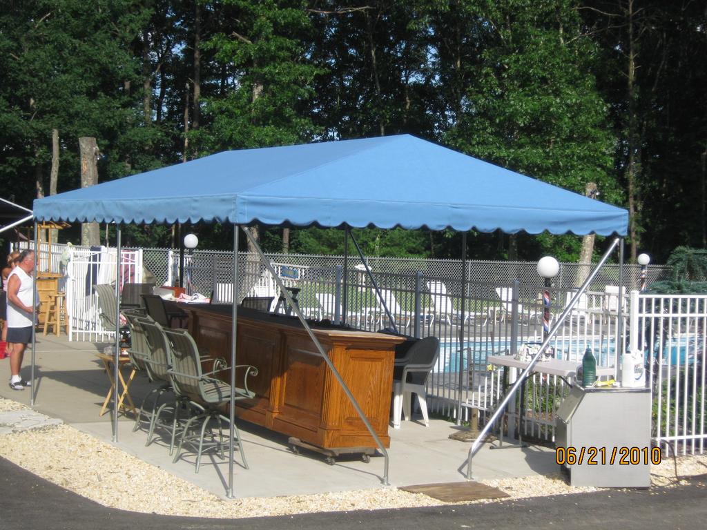 striped awnings outside of commercial building