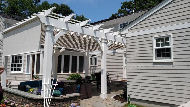 striped awnings outside of commercial building