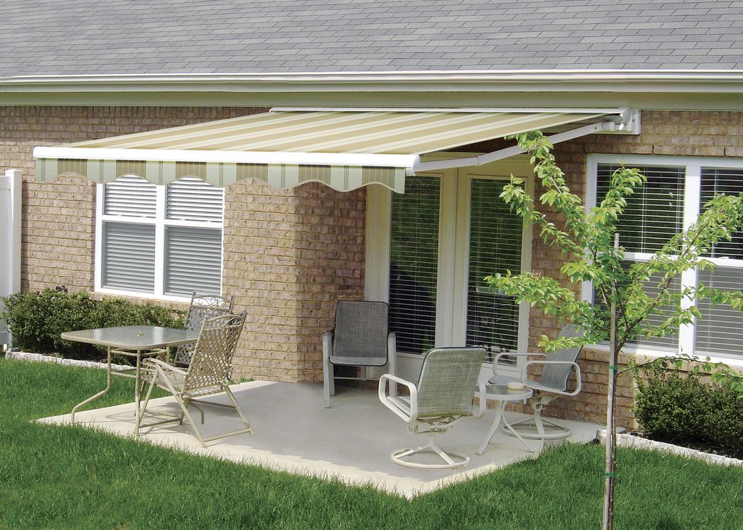 striped awnings outside of commercial building