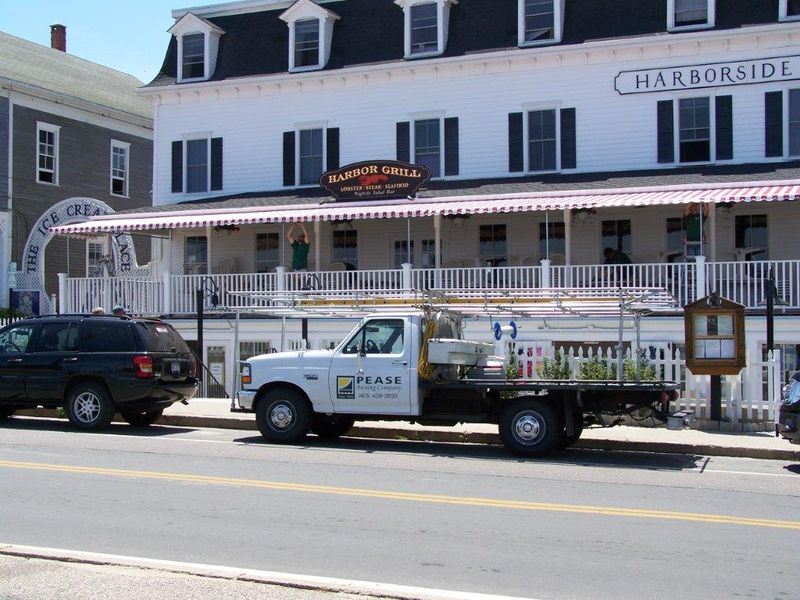striped awnings outside of commercial building